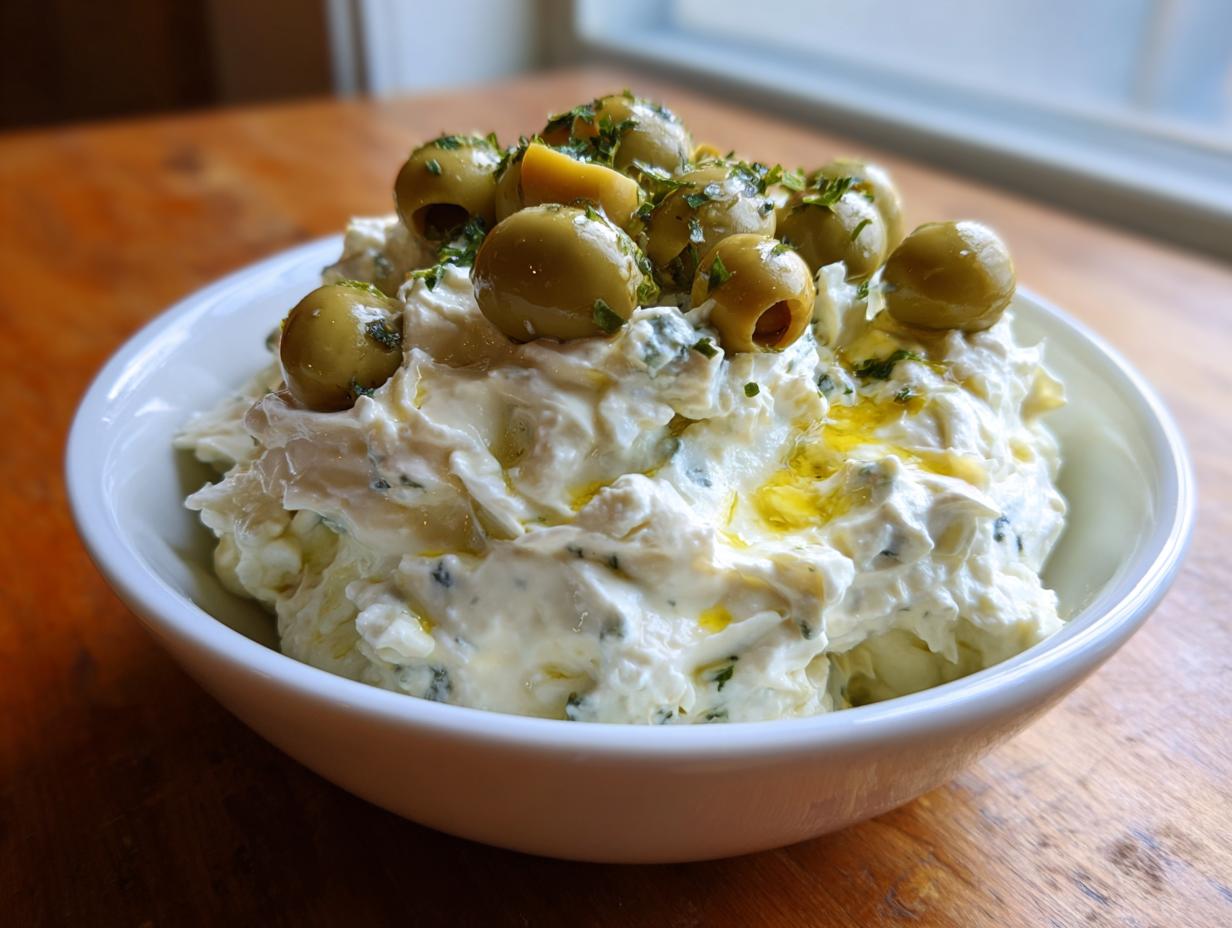 A white bowl filled with creamy, white dirty martini dip, topped generously with green olives and fresh herbs.