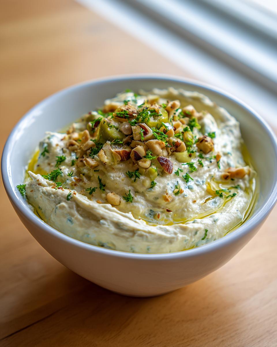 A white bowl filled with creamy dirty martini dip, topped with chopped nuts, green olives, and parsley.