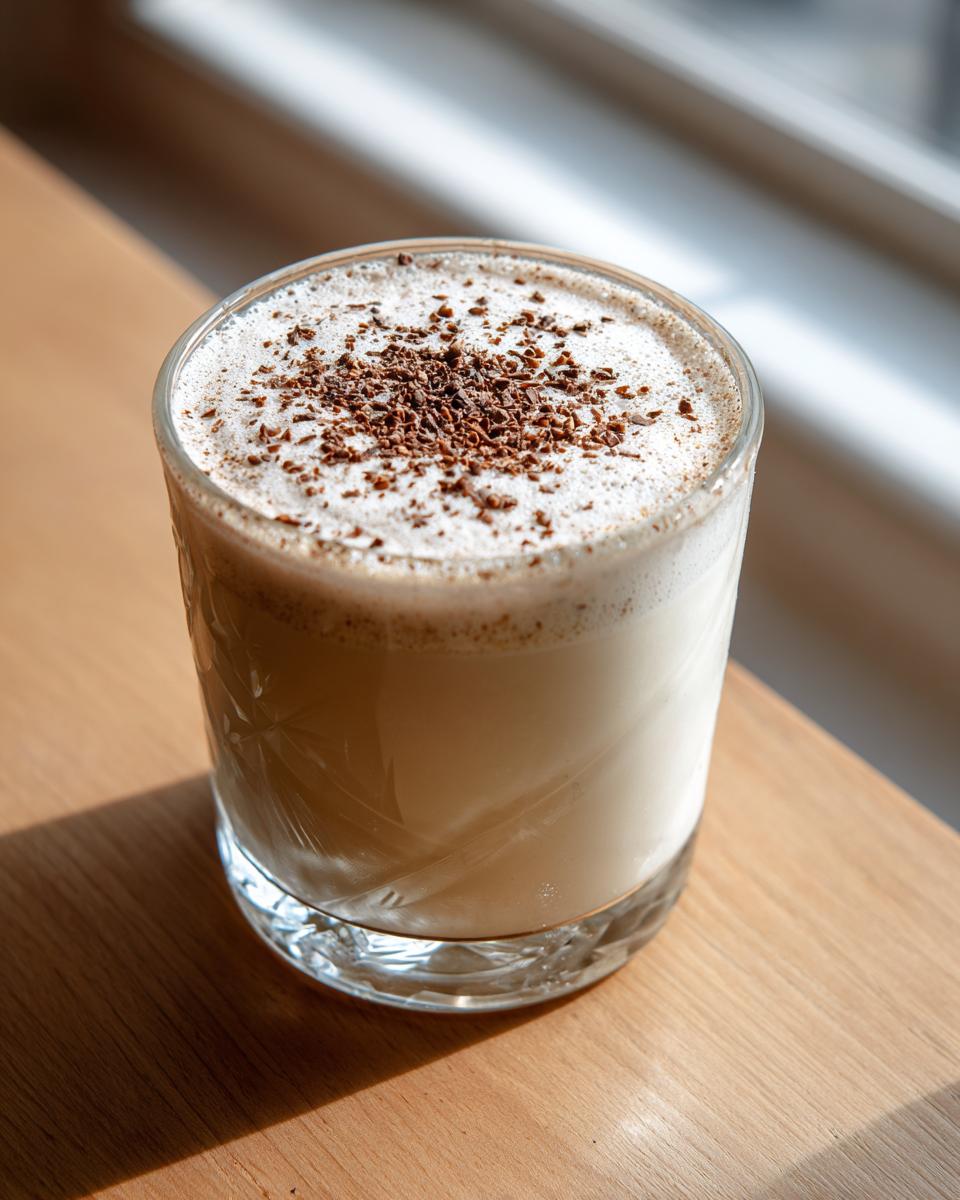 A close-up of creamy eggnog in a glass, topped with freshly grated chocolate or nutmeg.