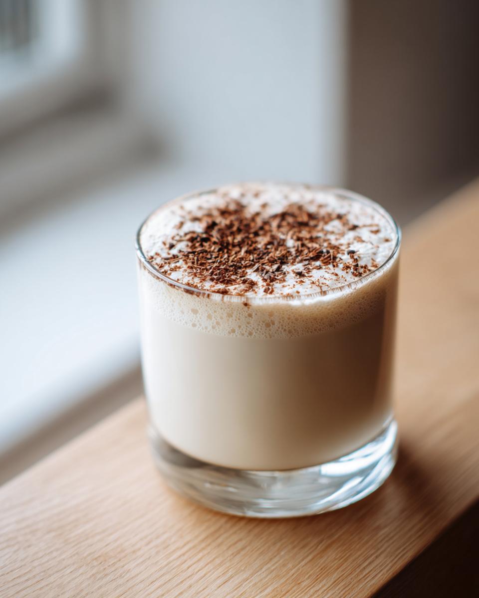 A creamy glass of homemade eggnog topped with dark chocolate shavings, resting on a light wooden surface.