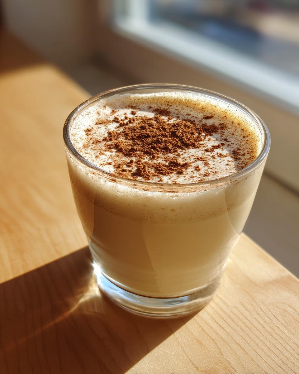 A glass of creamy eggnog topped generously with ground cinnamon, sitting on a sunlit wooden surface.