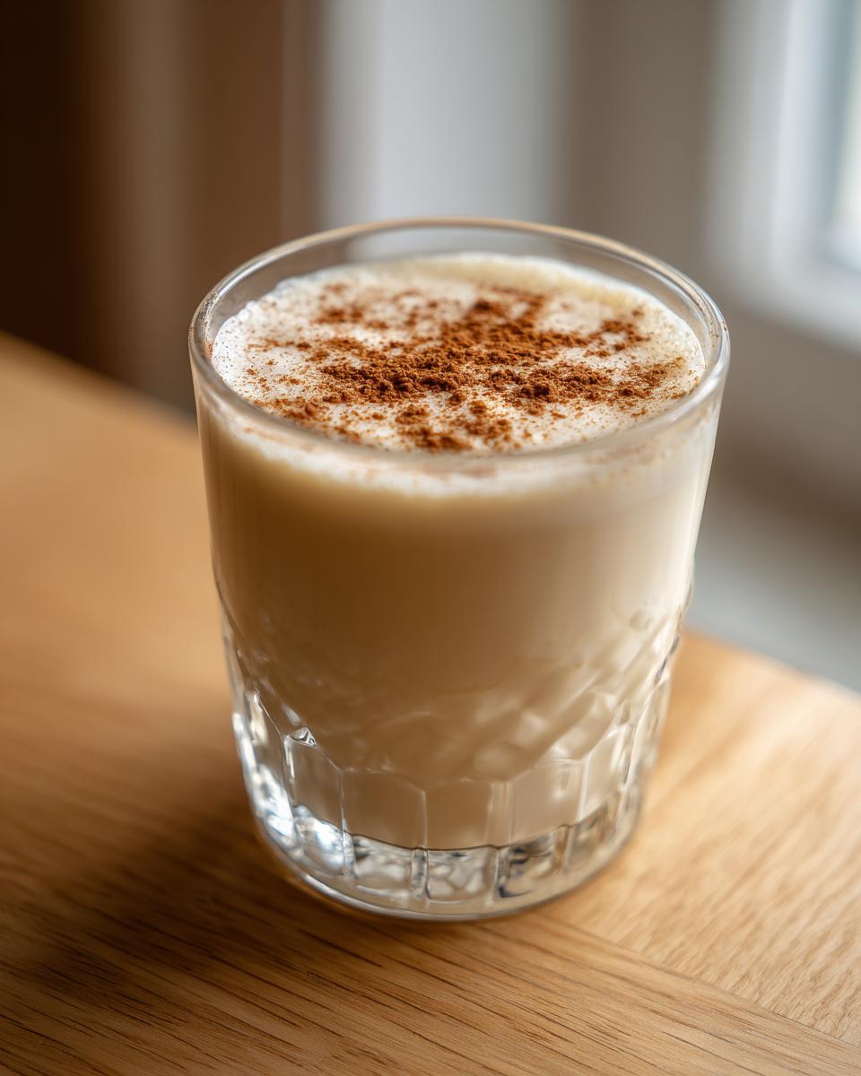 A glass of creamy eggnog topped with a sprinkle of cinnamon on a wooden surface.