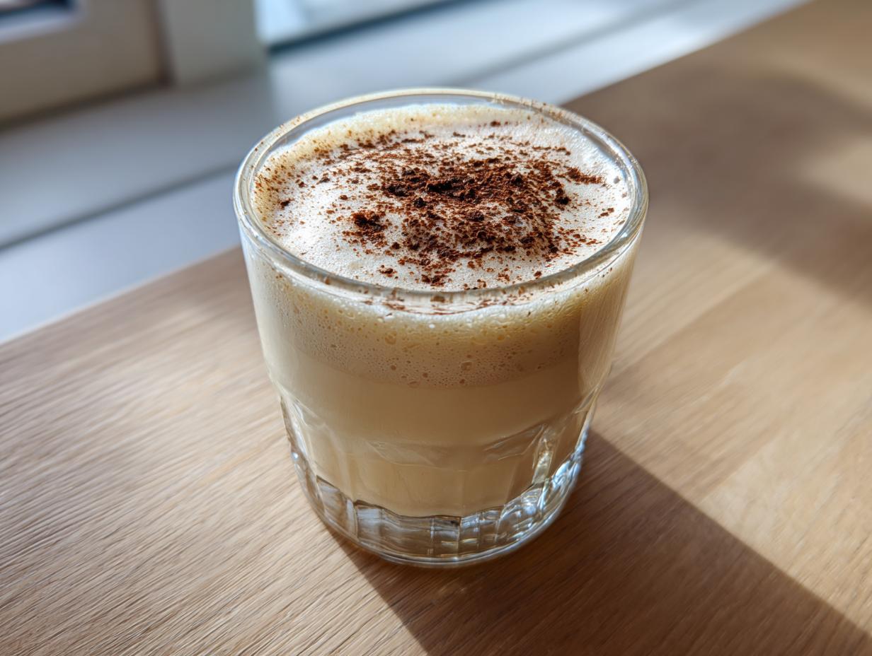 A glass of creamy eggnog topped with nutmeg or cocoa powder, sitting on a wooden surface.