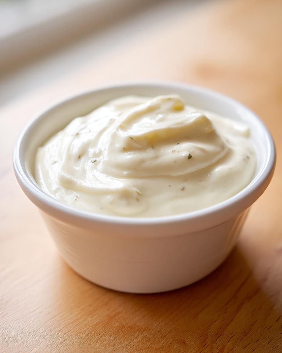 Close-up of thick, creamy homemade garlic sauce speckled with herbs in a small white bowl.
