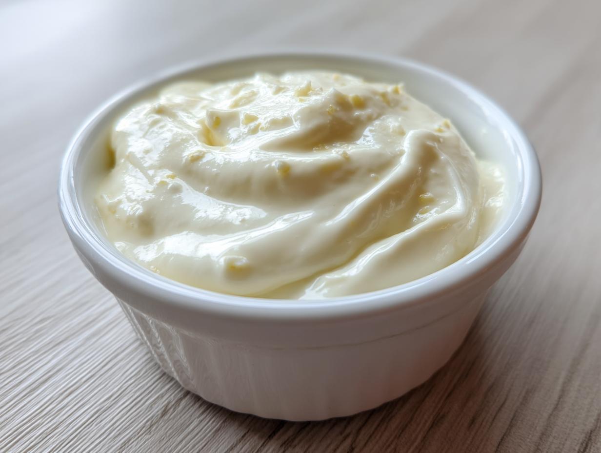 Close-up of a small white bowl filled with thick, creamy homemade garlic sauce, showing visible texture.