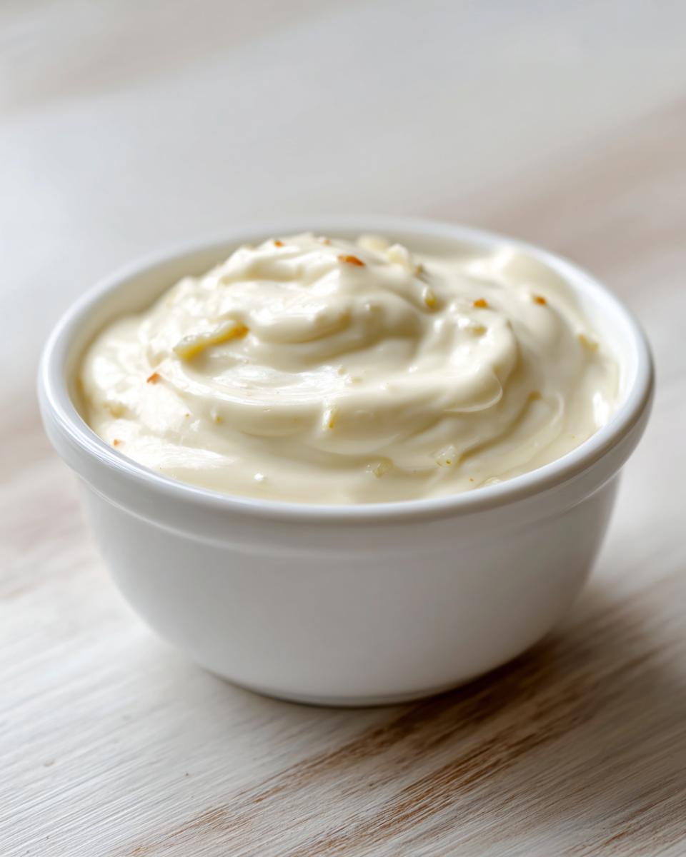 A close-up of thick, creamy garlic sauce swirled in a small white bowl, sitting on a light wooden surface.