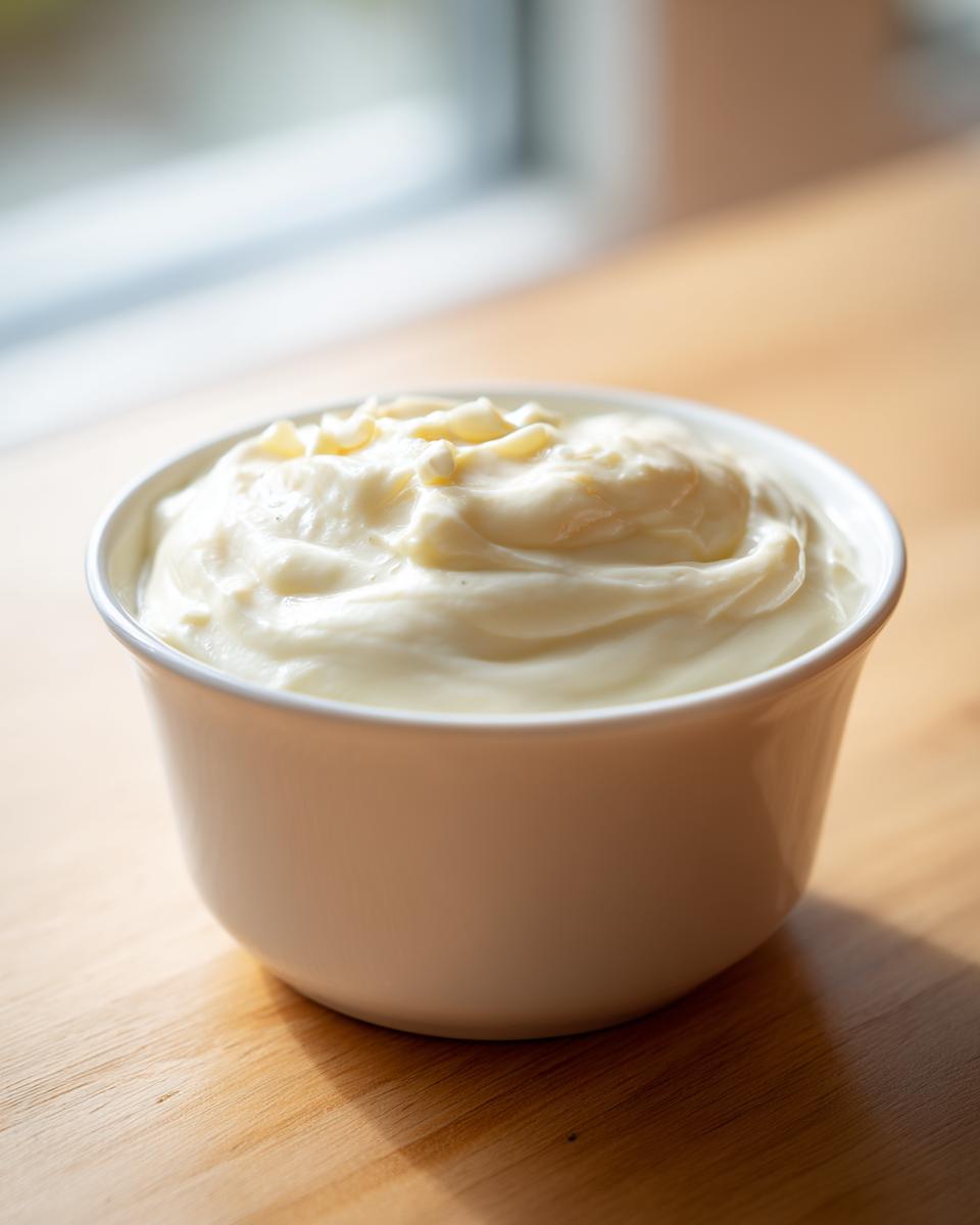 A close-up of thick, creamy homemade garlic sauce served in a small white bowl on a wooden surface.