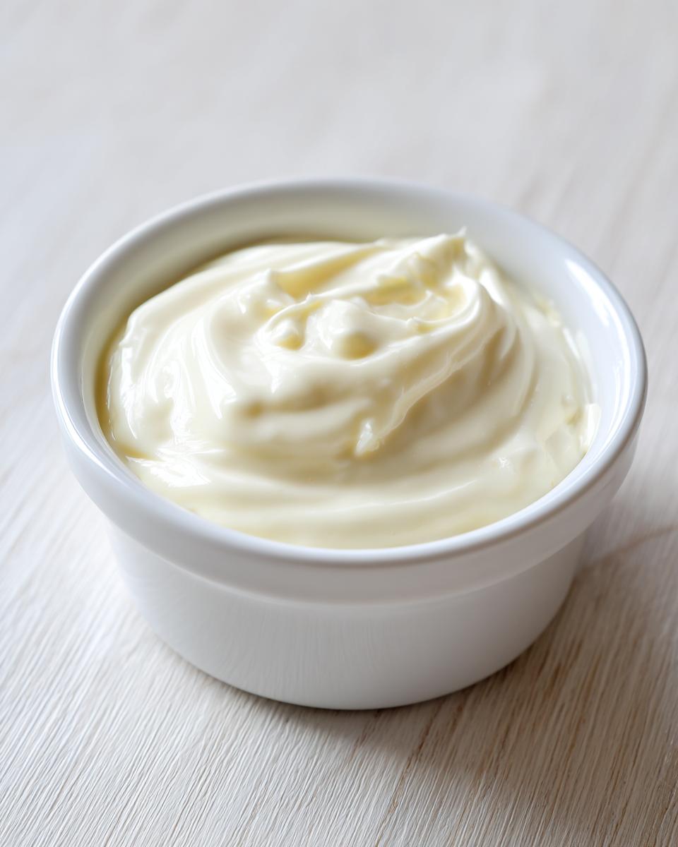 A close-up of thick, creamy homemade garlic sauce swirled in a small white ramekin on a light wooden surface.