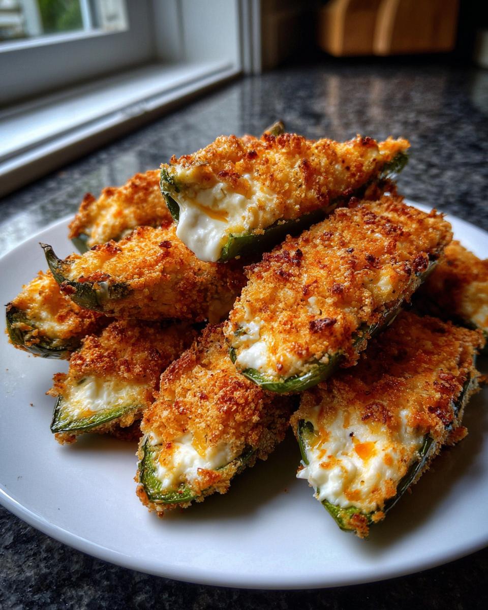 A pile of golden brown, breaded jalapeño poppers stuffed with creamy white cheese filling.