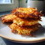 A close-up stack of three golden brown, crispy potato latkes, showing shredded texture.