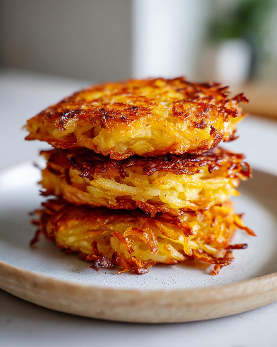 Three perfectly stacked, golden-brown, crispy Potato latkes on a light ceramic plate.