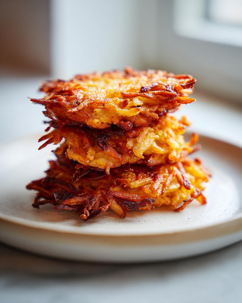 A stack of three golden-brown, crispy potato latkes piled high on a light ceramic plate.