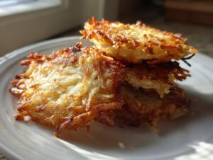 Close-up of a stack of three golden brown, crispy Potato latkes showing shredded texture.