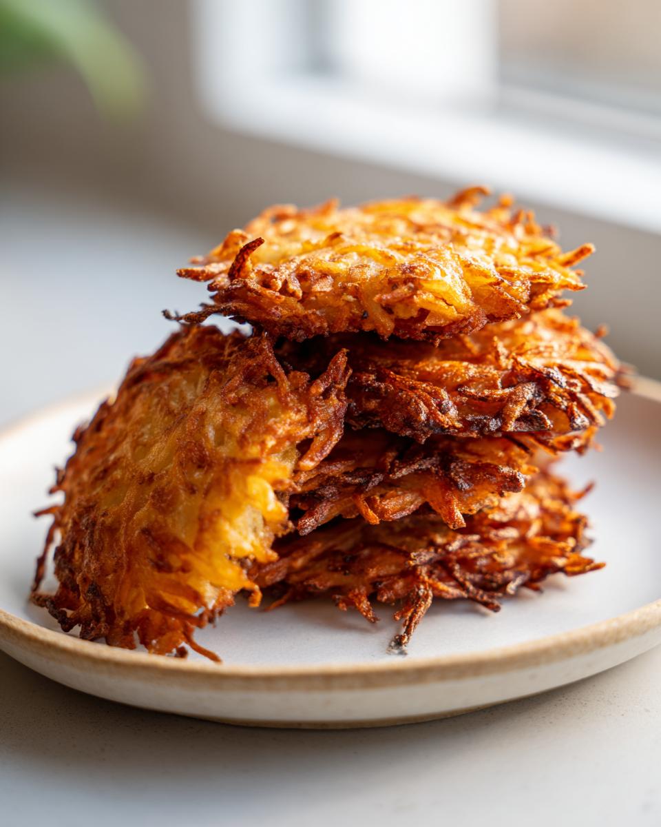 A stack of four perfectly golden brown, crispy potato latkes piled high on a light ceramic plate.