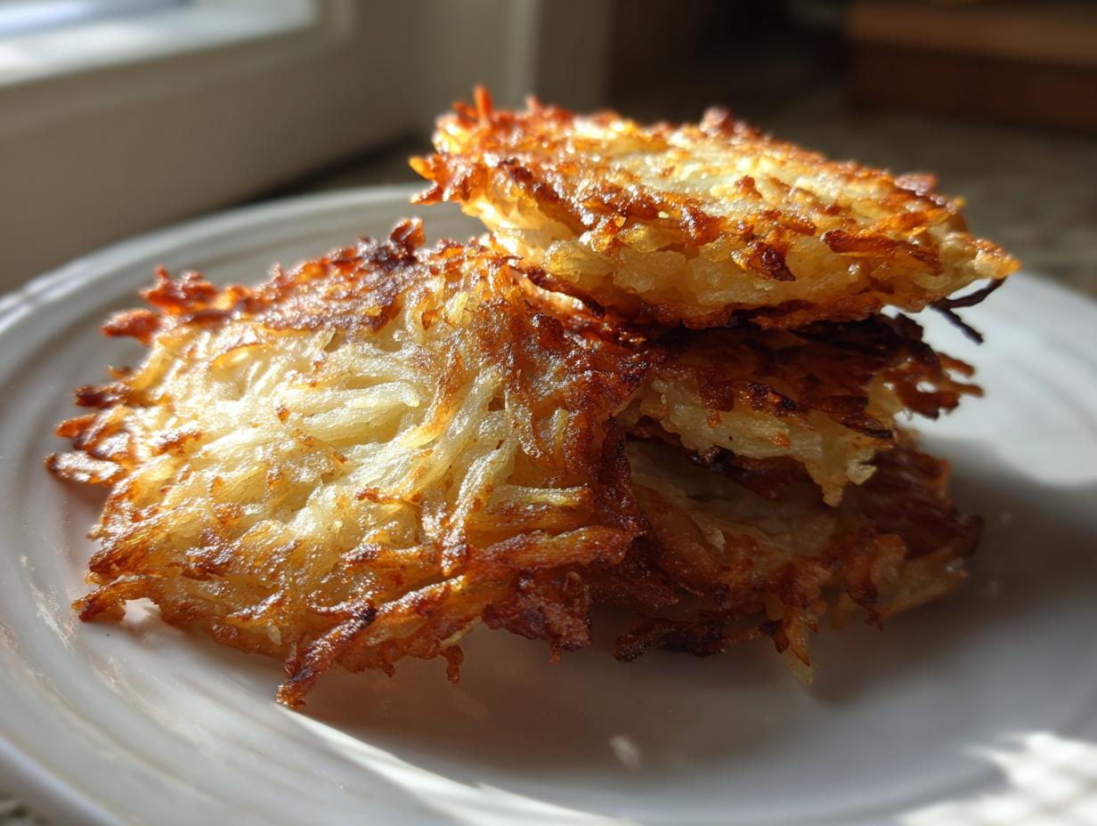 Close-up of a stack of three golden brown, crispy Potato latkes showing shredded texture.