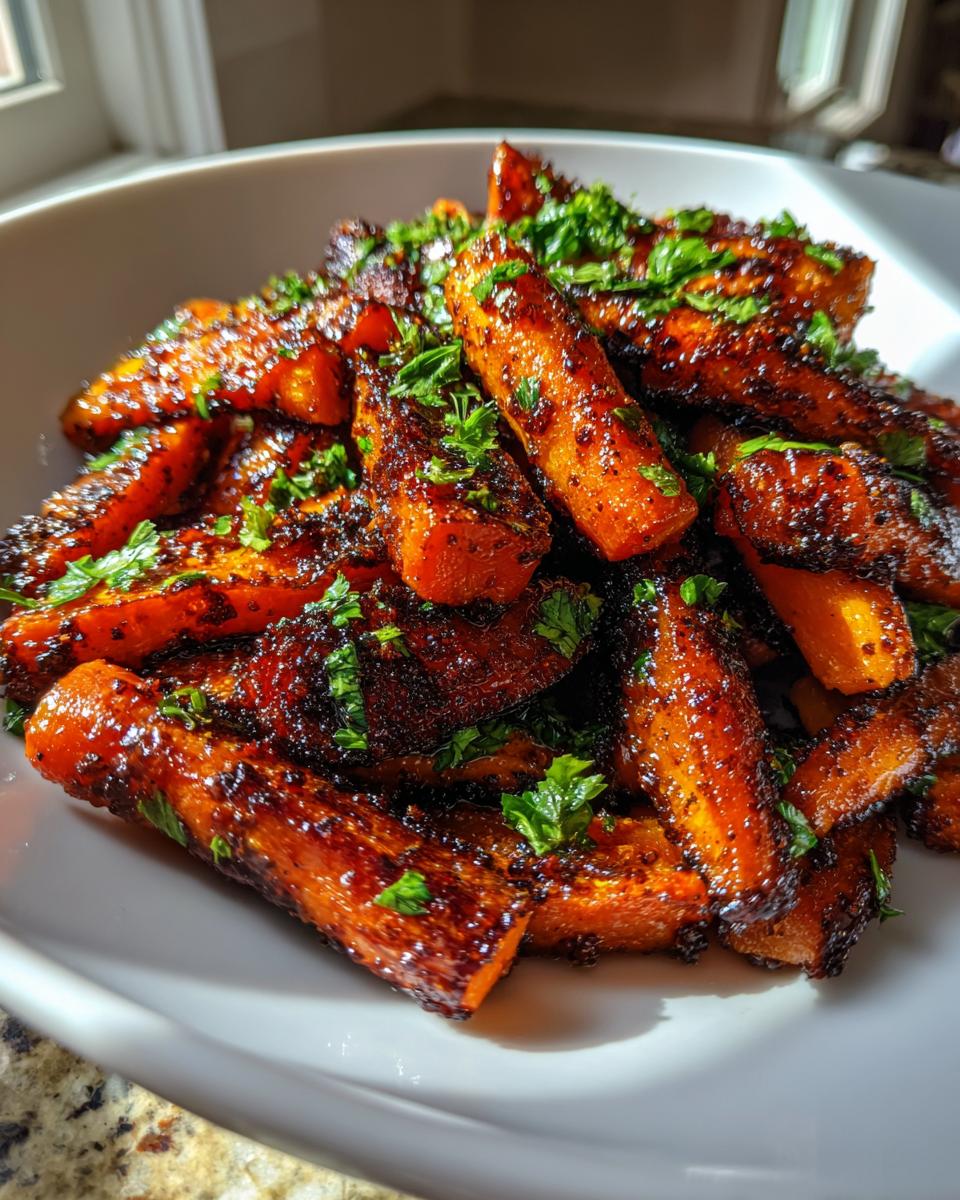 A close-up of richly caramelized honey glazed carrots, garnished with fresh chopped parsley, served in a white bowl.