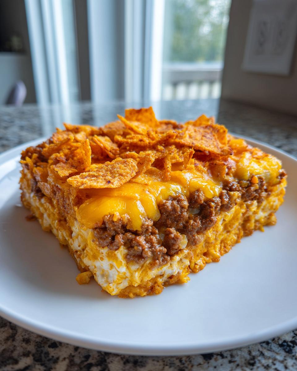 A square slice of Dorito Casserole featuring layers of seasoned ground beef, melted cheese, and a crunchy topping of crushed Doritos.