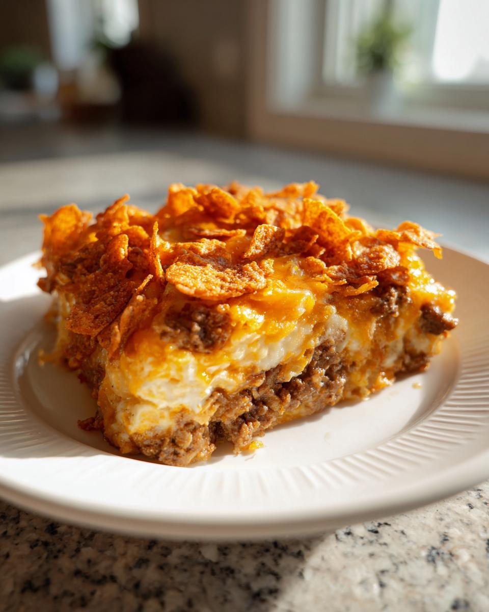 A close-up slice of rich Dorito Casserole featuring seasoned ground meat, creamy layers, and a crunchy, cheesy Dorito topping.
