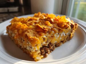 A hearty square slice of Dorito Casserole featuring layers of ground meat, creamy filling, and a crunchy, cheesy Dorito topping.