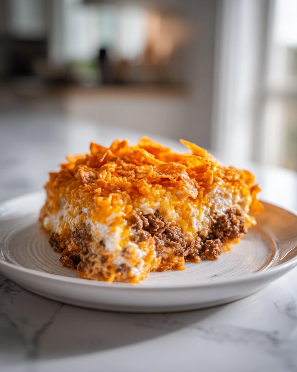 A hearty slice of Dorito Casserole featuring layers of seasoned ground beef and creamy sauce, topped with crushed orange chips.