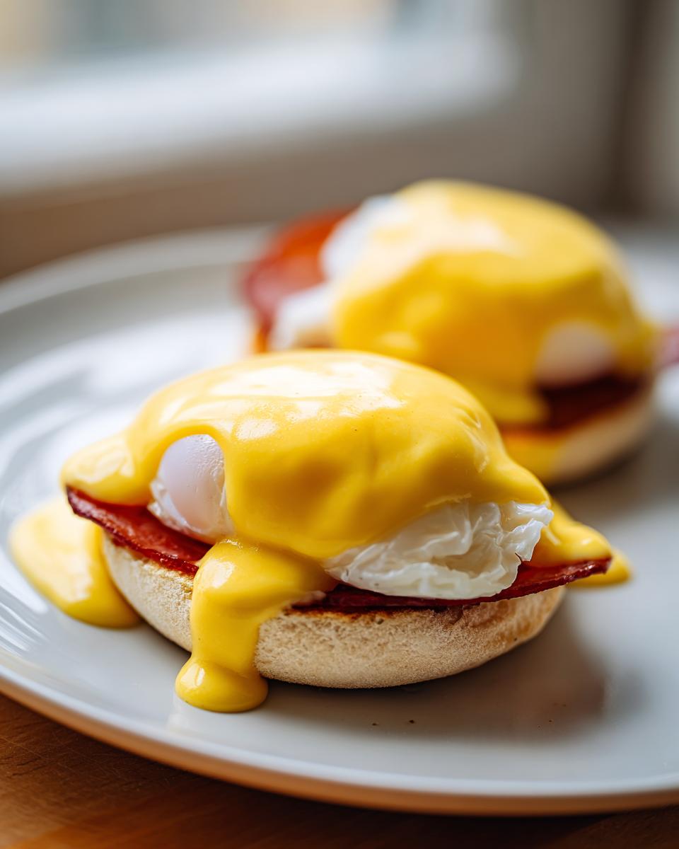 Close-up of two servings of eggs benedict featuring poached eggs, ham, and rich hollandaise sauce on toasted English muffins.