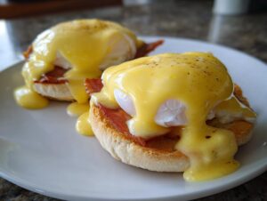 Two servings of classic eggs benedict featuring poached eggs, bacon, and rich hollandaise sauce on toasted English muffins.