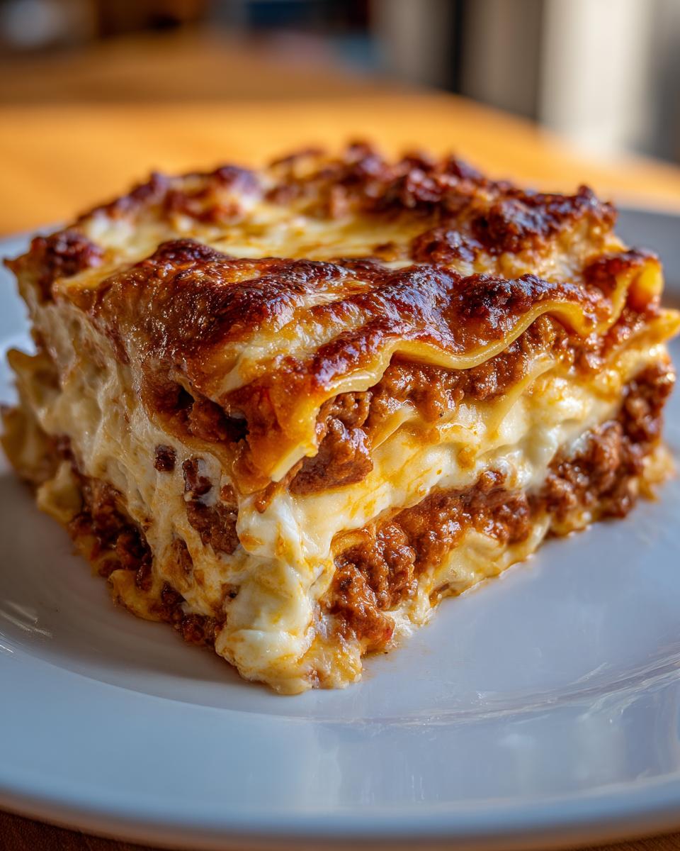 A close-up of a rich, layered slice of easy lasagna with ricotta and meat sauce on a white plate.