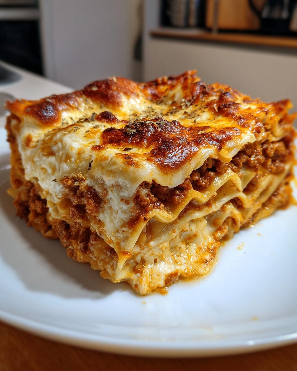 A thick, layered slice of easy lasagna with ricotta, featuring a browned, cheesy top and rich meat sauce.