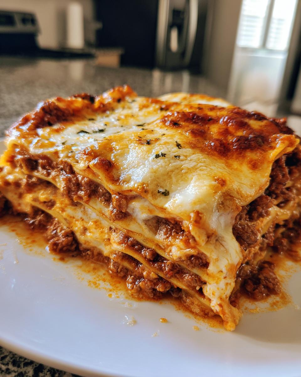 A thick, cheesy slice of easy lasagna with ricotta, layered with meat sauce, served on a white plate.