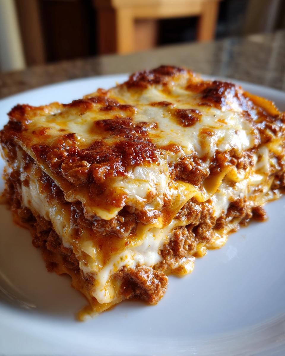 Close-up of a perfectly layered slice of Easy Lasagna with Ricotta, showing rich meat sauce and melted cheese.