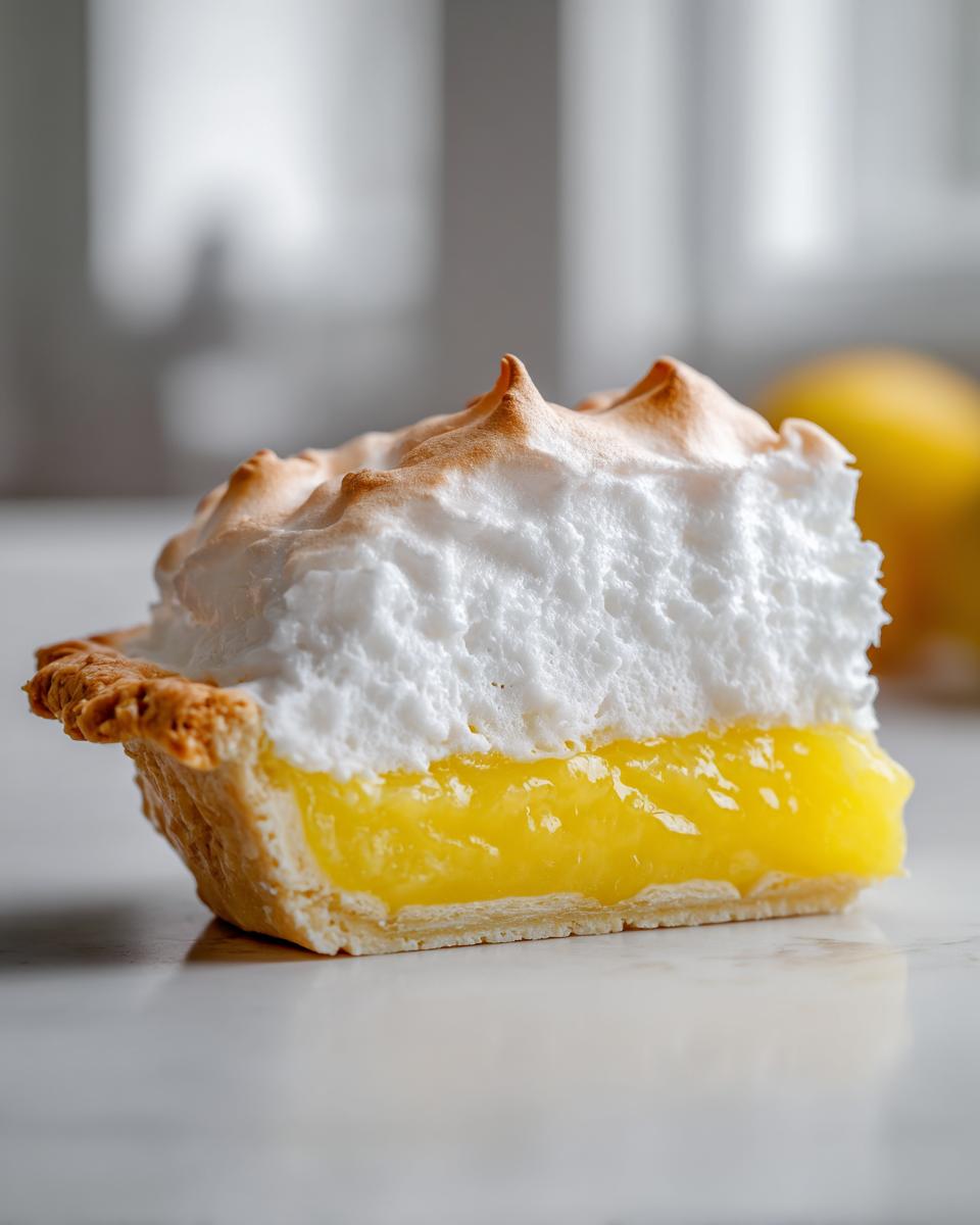 A cross-section slice of lemon meringue pie showing bright yellow curd and towering, toasted meringue.