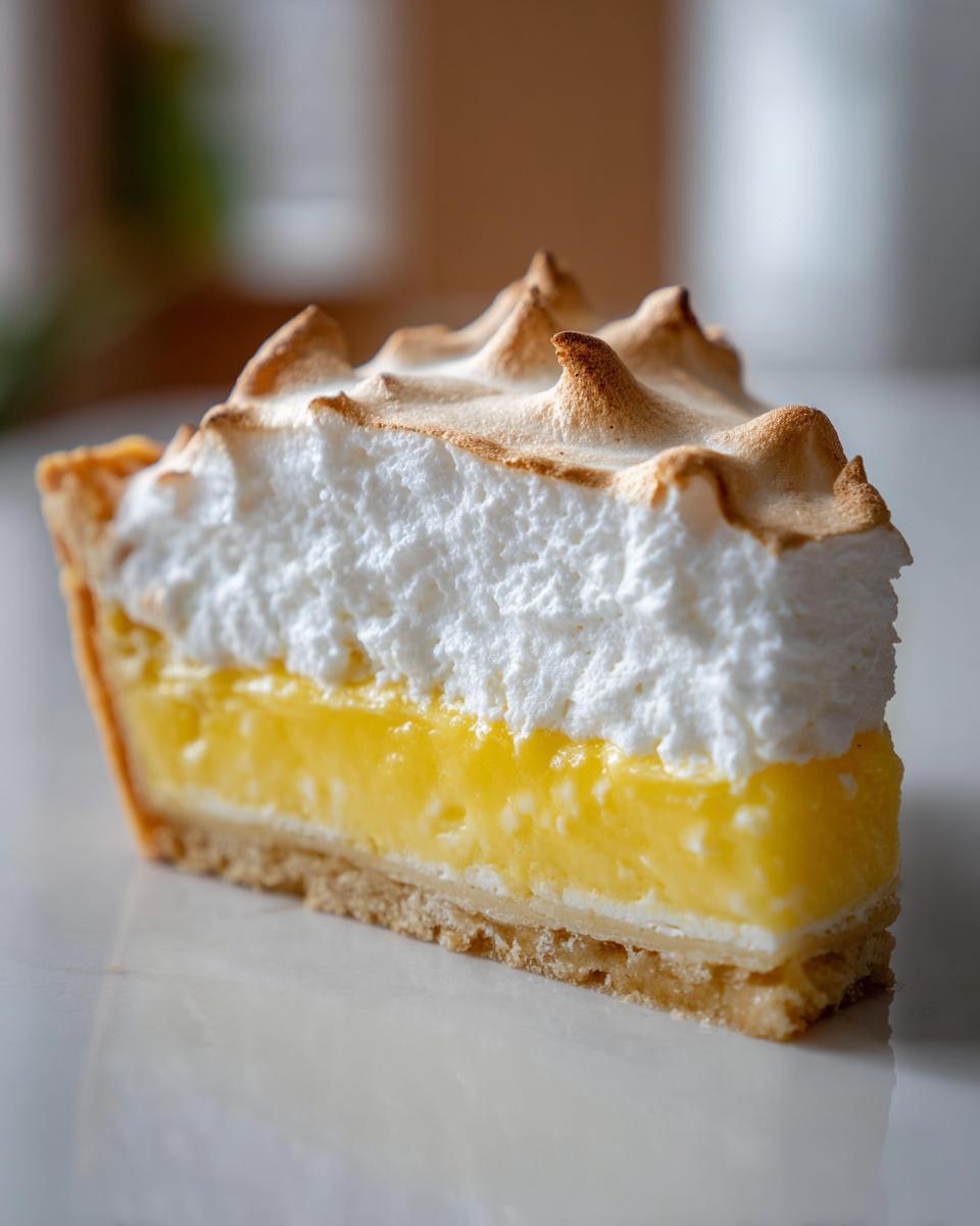 A perfect slice of lemon meringue pie showing layers of crust, bright yellow filling, and toasted meringue.