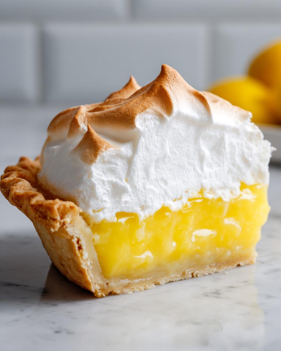 A close-up of a perfect slice of lemon meringue pie showing the crust, bright yellow filling, and toasted meringue.