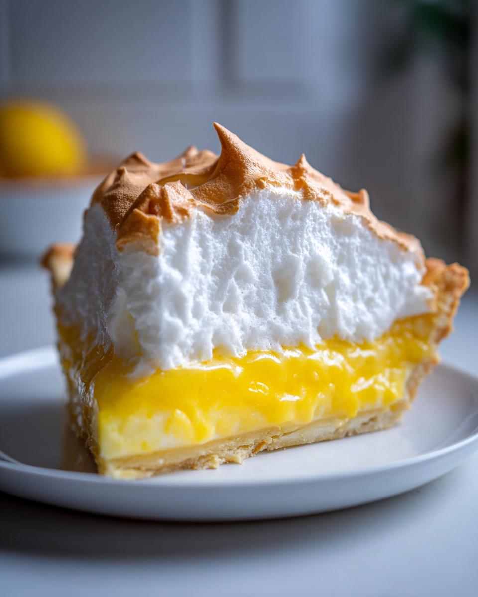 A close-up view of a thick slice of lemon meringue pie showing bright yellow filling and towering, toasted meringue.
