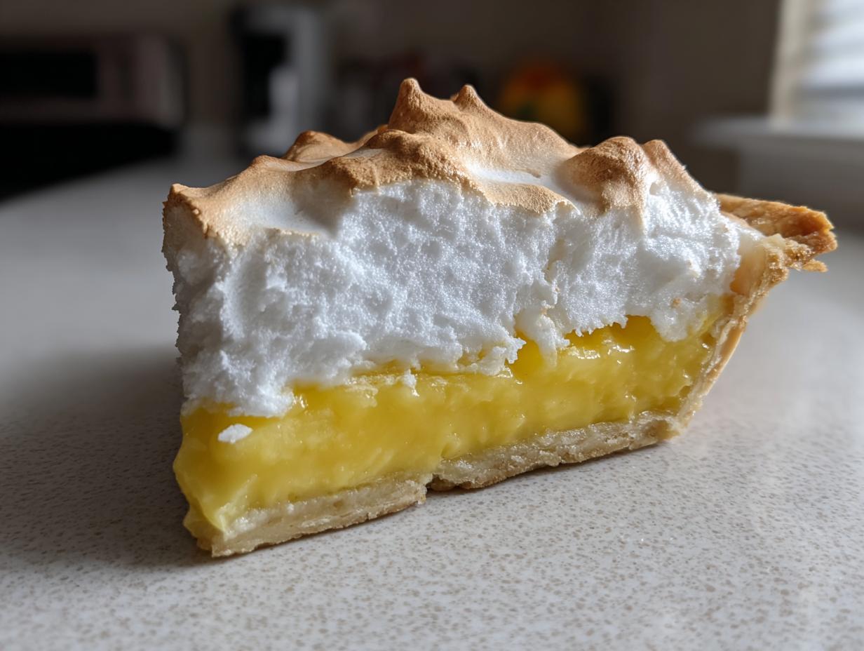 A close-up slice of lemon meringue pie showing thick, bright yellow curd and toasted, fluffy meringue topping.