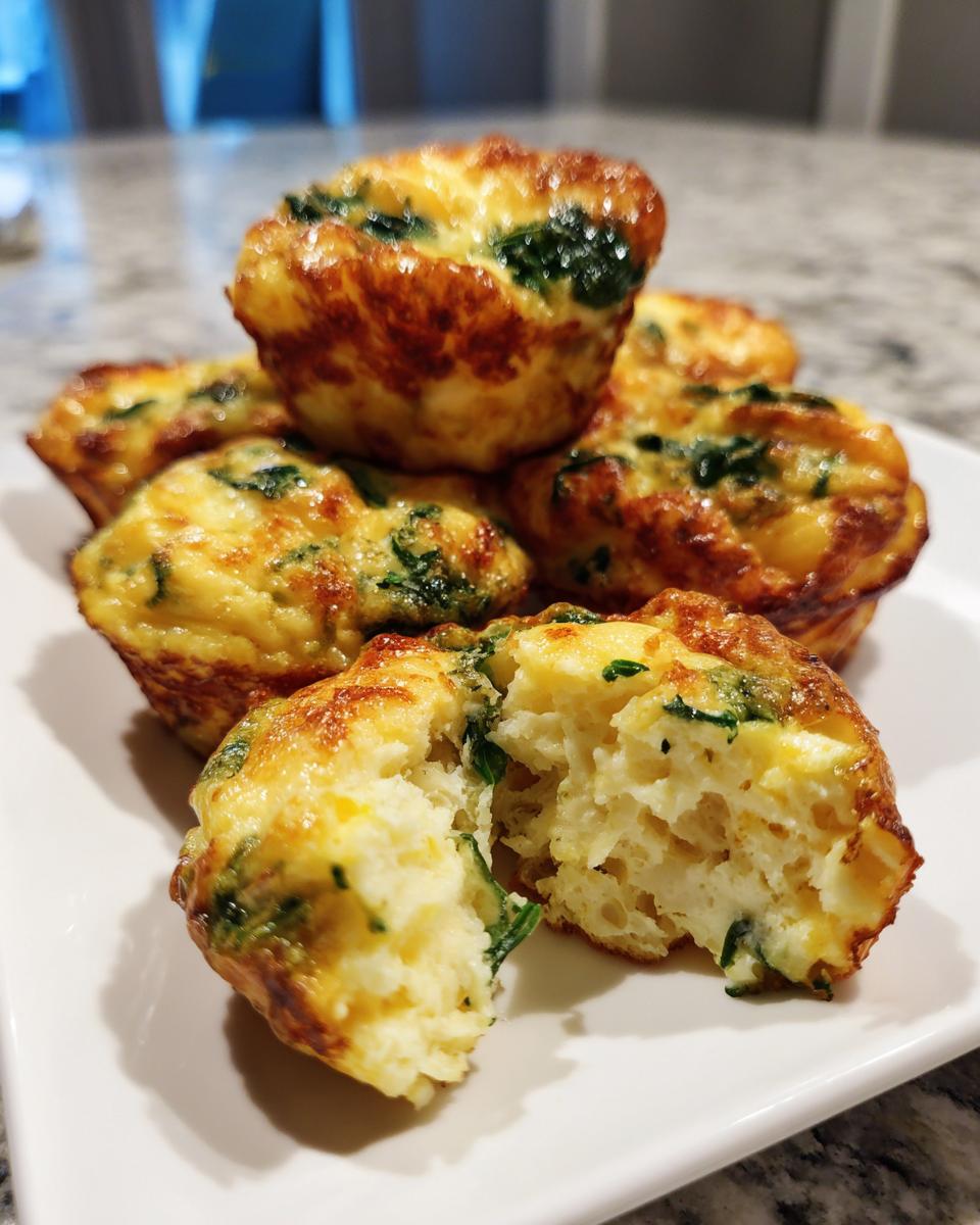 A stack of golden-brown, fluffy egg bites with visible spinach, one broken open to show the texture.