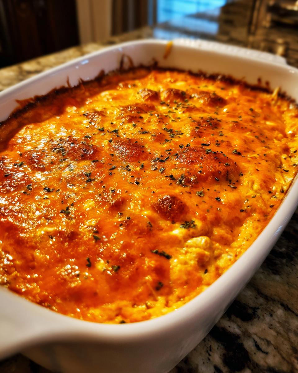 Close-up of hot, bubbly Buffalo chicken dip topped with melted orange cheese and herbs in a white baking dish.