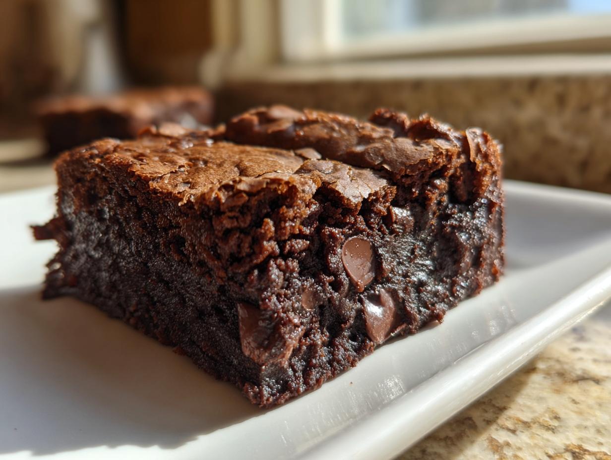 A close-up, macro shot of a rich, fudgy sweet potato brownies square topped with melted chocolate chips on a white plate.