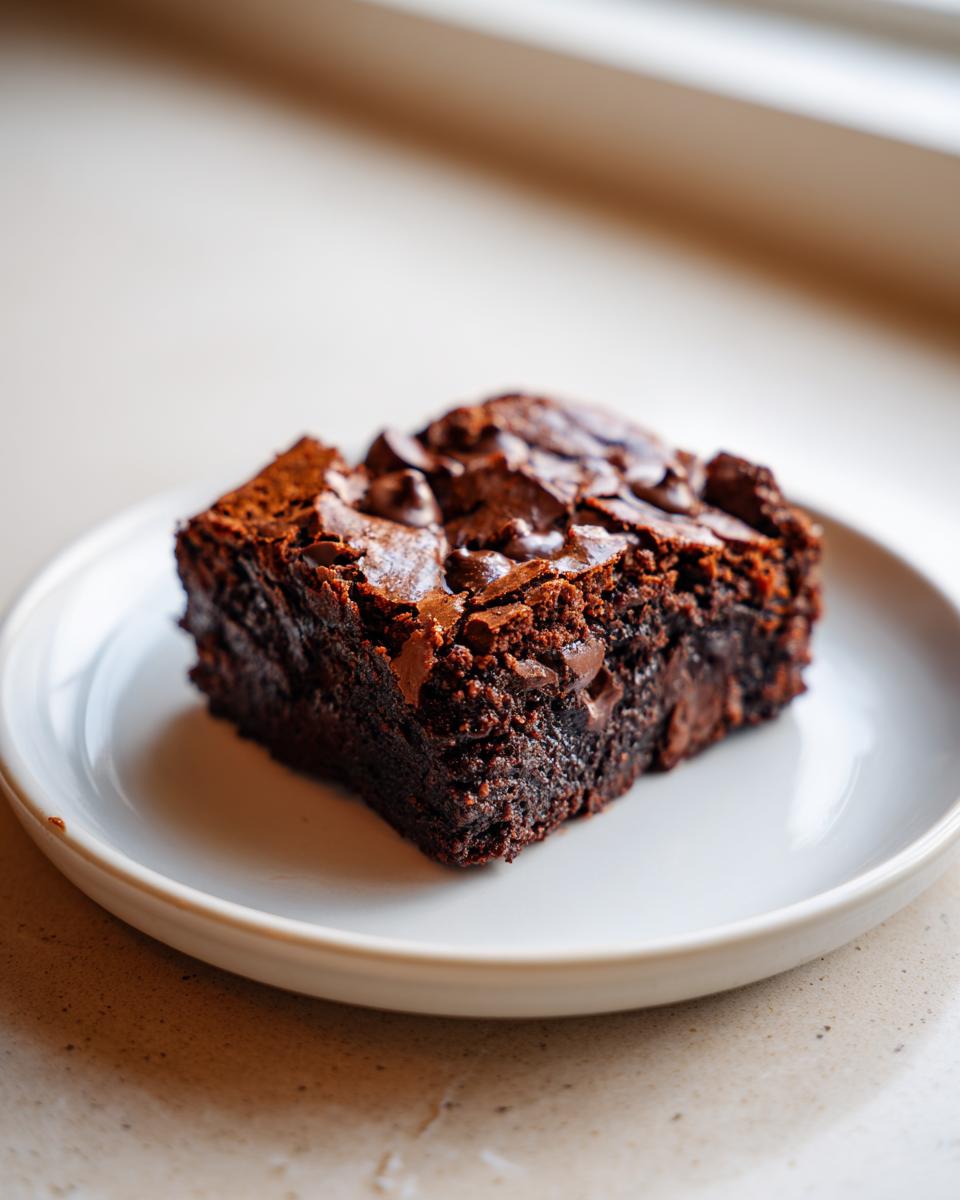 A close-up of a single, fudgy square of sweet potato brownies with a crackly top and visible chocolate chips.