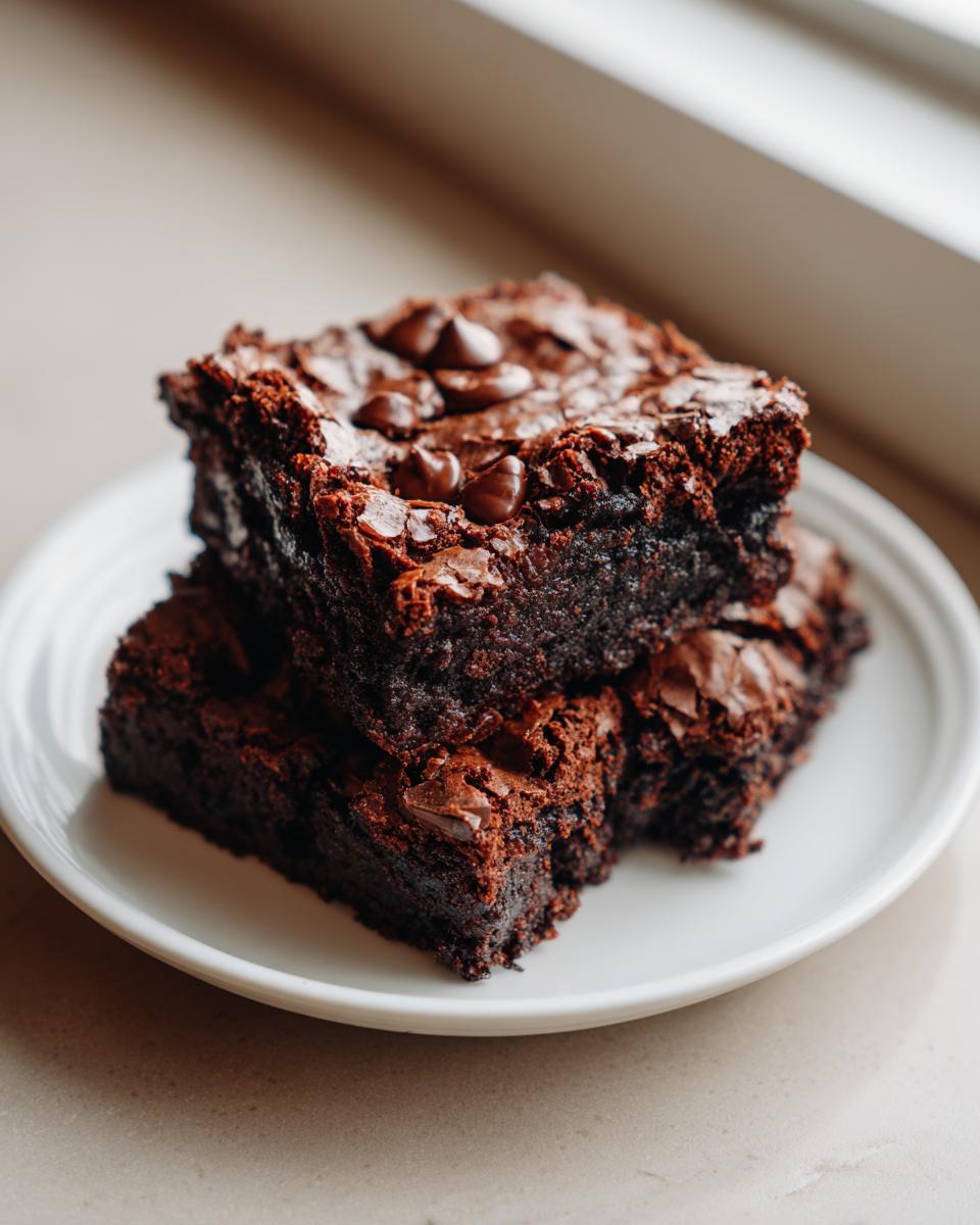 A stack of three rich, dark, fudgy sweet potato brownies topped with melted chocolate chips on a white plate.