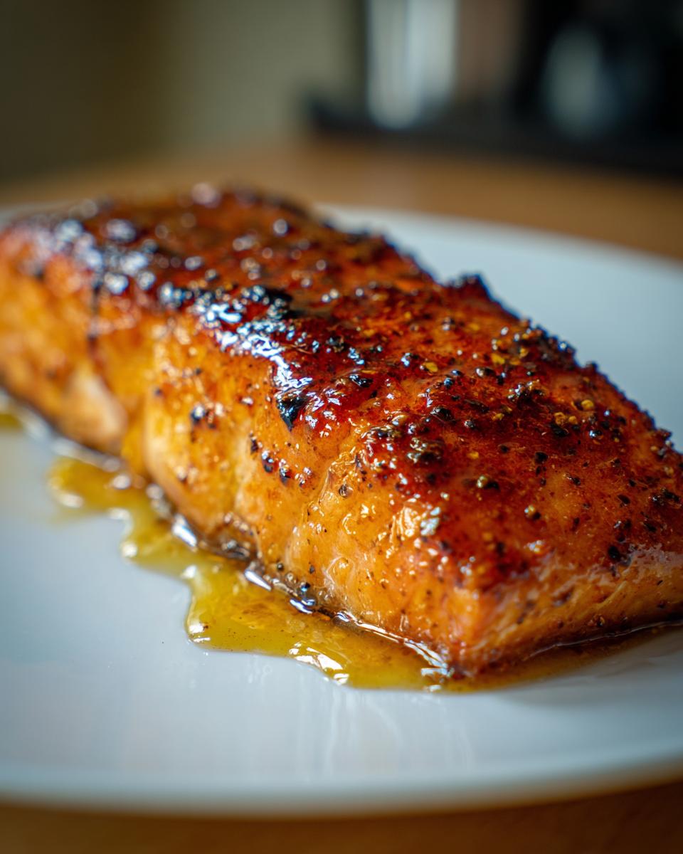 Close-up of a perfectly cooked, glazed salmon fillet seasoned with cracked pepper.