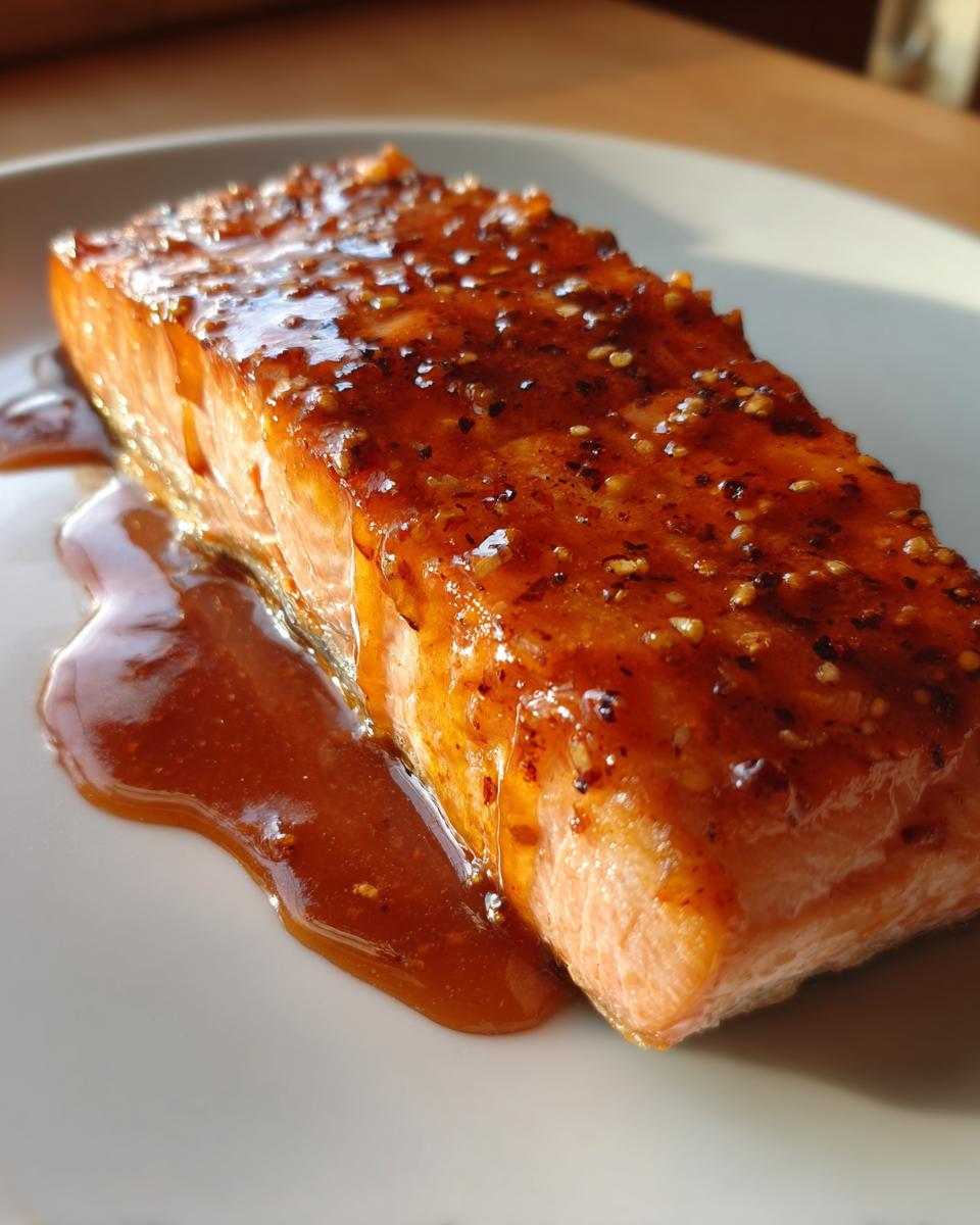 Close-up of a perfectly cooked salmon fillet topped with a thick, shiny, brown glaze and spices.