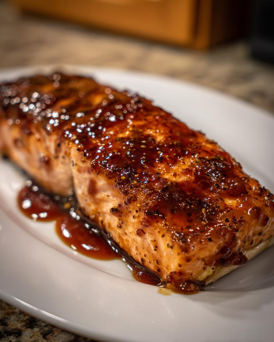 Close-up of a perfectly cooked salmon fillet topped with a thick, shiny brown glaze.