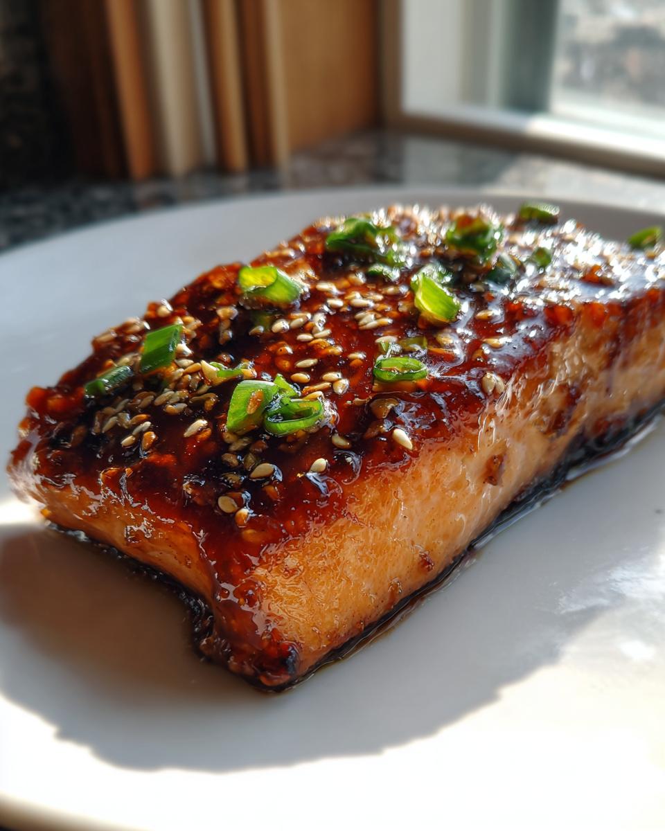 Close-up of a perfectly cooked piece of teriyaki salmon glazed with a rich sauce, topped with sesame seeds and chopped green onions.