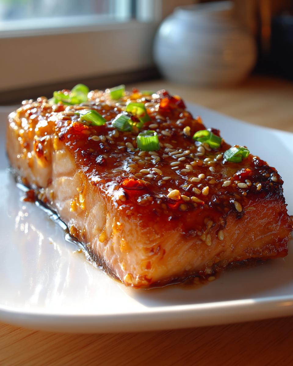 Close-up of a perfectly cooked teriyaki salmon fillet, glistening with glaze, topped with sesame seeds and chopped green onions.
