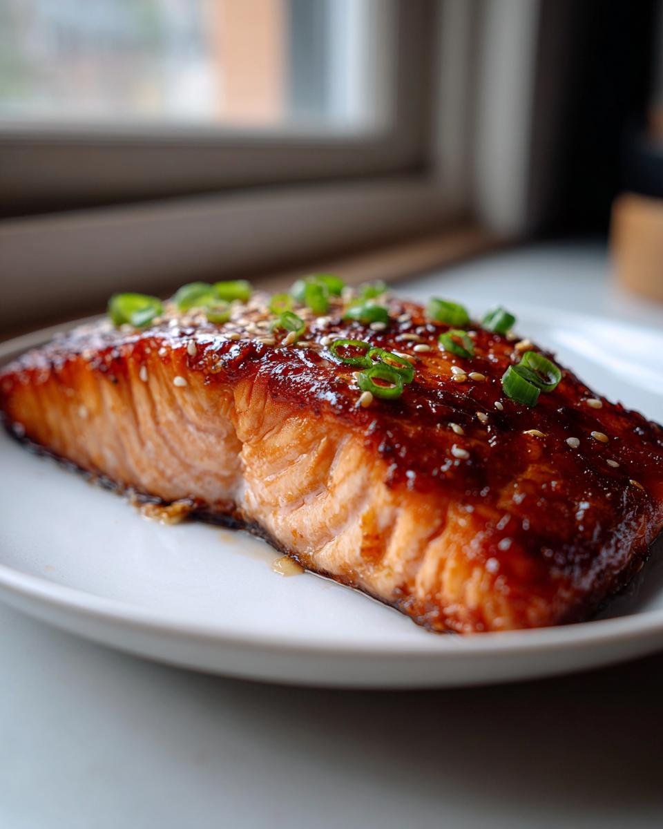 A perfectly cooked fillet of teriyaki salmon, glazed dark brown and topped with sesame seeds and sliced green onions.