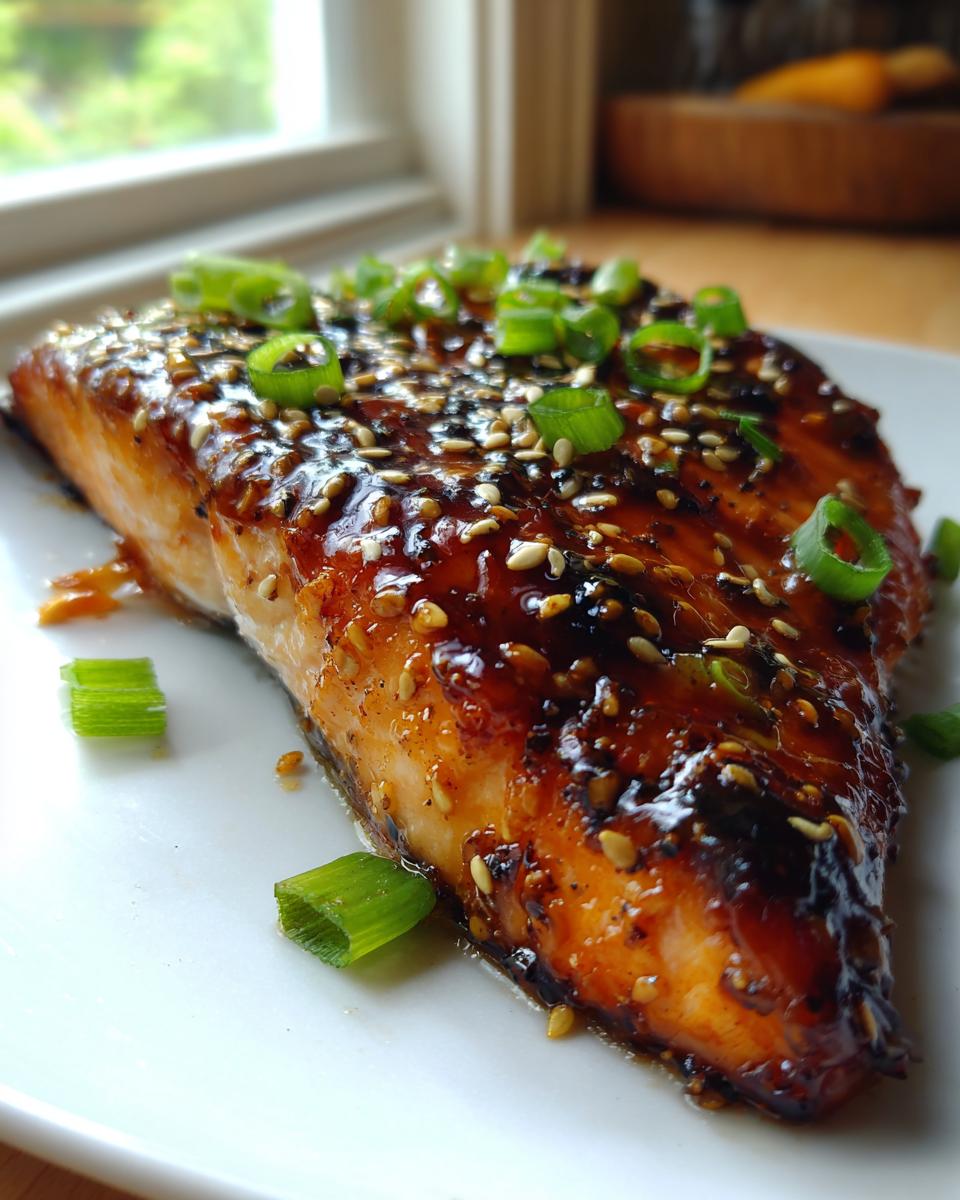 Close-up of a perfectly cooked teriyaki salmon fillet, glazed and topped with sesame seeds and fresh green onions.