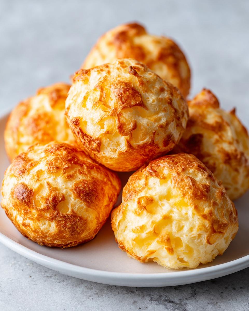 A stack of freshly baked, golden-brown brazilian cheese bread puffs with a cheesy, airy interior visible.