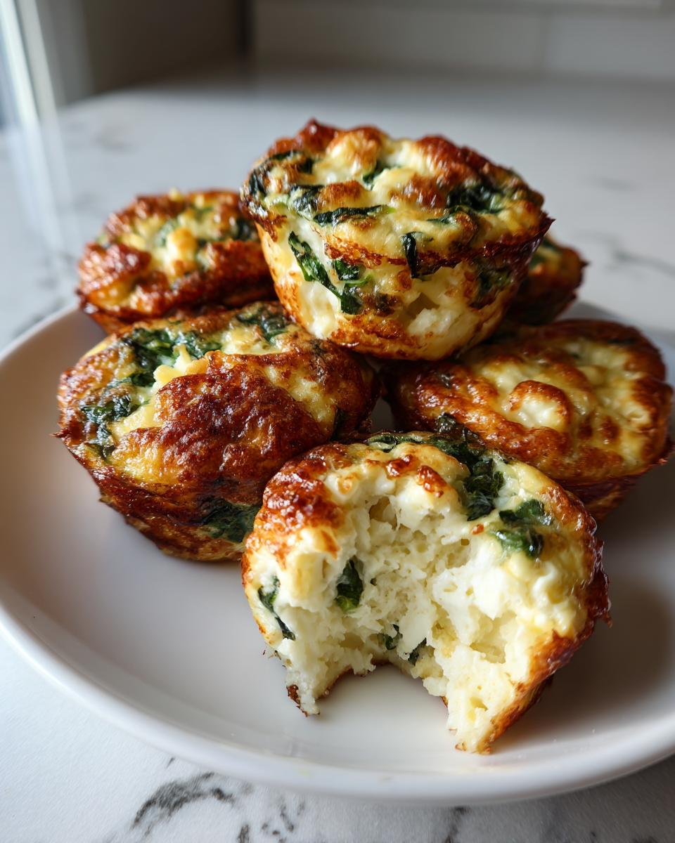 A stack of golden brown spinach and cheese egg bites, with one bite broken open showing the fluffy interior.