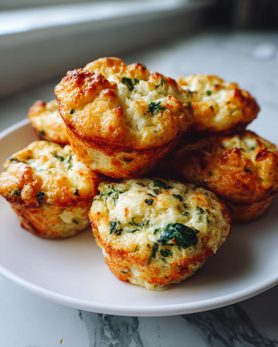 A stack of freshly baked, golden brown egg bites mixed with cheese and green herbs on a white plate.